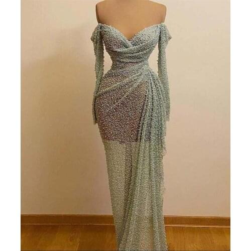 2020 Sexy Off the Shoulder Bling Bling Stones Heavily Lace Long Sleeve Pleated Sheath Mint Blue Prom Dresses