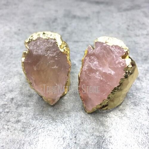 5Pcs RM4773 Rose Quartz Plated Crystal Gold Copper Ring Gold Plated Rose Quartz Crystal Raw Irregular Surface Point Arrow Ring