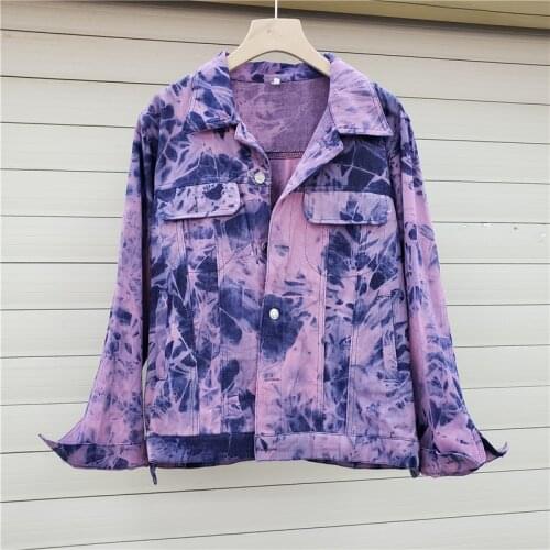 Ink Tie-Dyed Denim Jacket for Women Autumn Clothing New Korean Fashion Hip Hop Loose Student BF Style All-Match Purple Coat