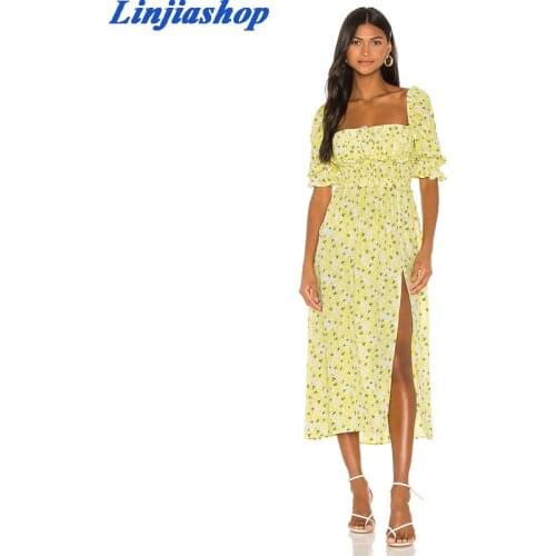 Elegant floral print midi dress woman vintage puff sleeve bow ruffles fashion backless split long party dress femme vestidos