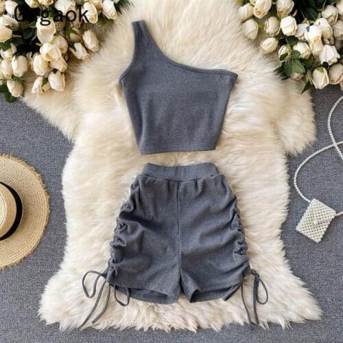 Gagaok Women Two Piece Set 2021 Summer New Outdoor Casual Simple Fashion Korean Suits Skew Collar Short Shirt + Sloid Wild Short