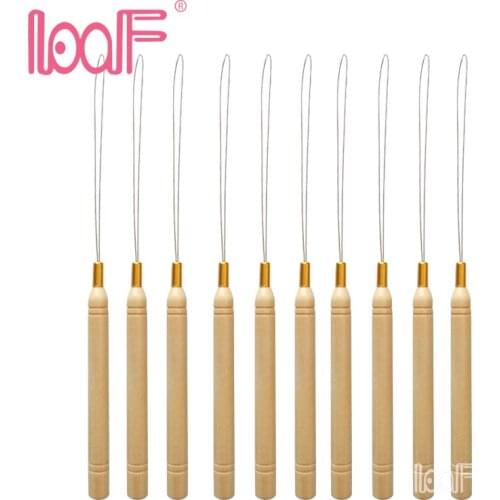 LOOF 10pcs Wooden Handle Curved Pulling Needle for Micro Rings Hair Extensions Wire Threader Wig Making Hair Extension Tools