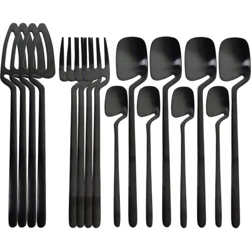 16pcs Black Dinnerware Sets Kitchen Decor Spoon Fork Knife Tableware Set Matte Gold Cutlery Ice Cream Desserts Soup Coffee Use