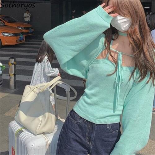 Knitted Shrugs Women Tender Warm Sexy Cute Knitwear Autumn Lantern Sleeve Bolero Female 2 Pieces Sets Outerwear Chic Mujer Sweet