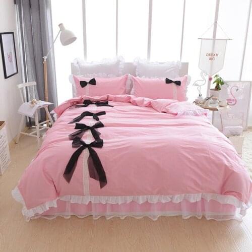 Korean100%Cotton Pink Bedding Sets Princess Ruffle Duvet Cover Bedsheets Black Lace Bows Girls Wedding comforter cover Bed Set