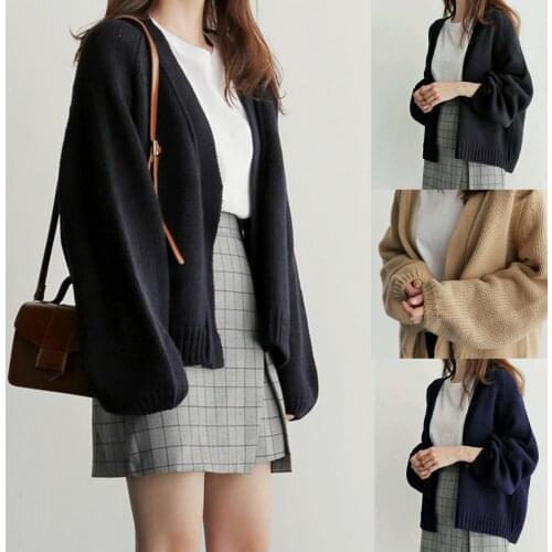 New Arrival 2020 Women Autumn Fashion Cardigan Solid Color Knitted Open Front Cardigan Long Puff Sleeve Warm Coat For Female