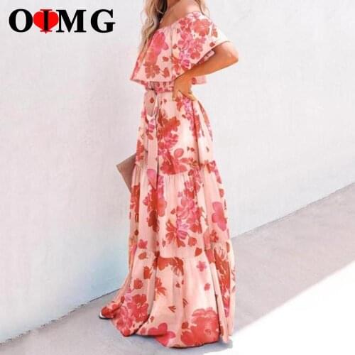 OIMG Off Shoulder Pink Floral Tunic Party Long Dress Women Print Bright Ruffled Thin Large Hem Belt Maxi Dresses Streetwear Robe
