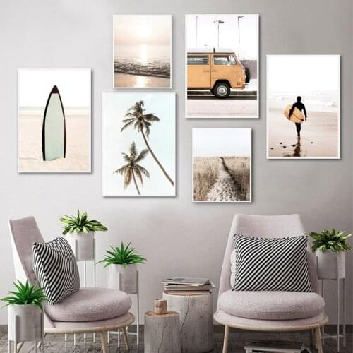 Ocean Landscape Canvas Poster Nordic Style Beach Yellow Bus Wall Art Print Painting Decoration Picture Scandinavian Home Decor