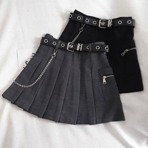 Punk style pleated skirt female summer high waist black tooling pocket a-line gray skirts