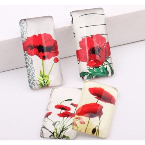 Reidgaller 10pcs 19*38mm rectangle glass cabochon mix flatback handmade poppy flower photo jewelry findings for pendants making