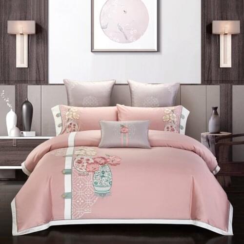 Luxury Embroidery Flowers Duvet Cover Set 600TC Egyptian Cotton 4Pcs Queen King size Bedding set Gray Pink Flat Bed sheet set