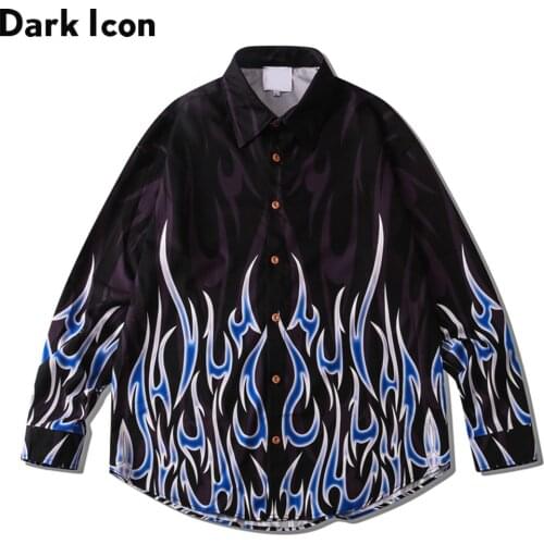 Dark Icon Blue Flame Long Sleeved Shirt Men Street Mens Shirts Streetwear Man Top