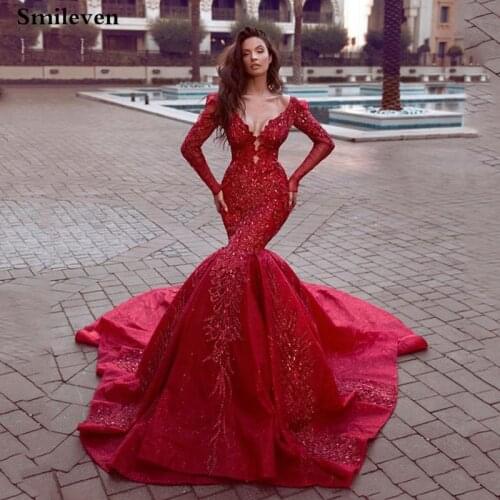 Smileven Sexy Mermaid Formal Evening Gowns Long Sleeve Dubai Arabic Saudi Arabian V Neck Evening Dress Prom Gowns