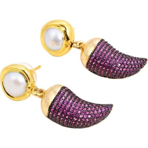 JK White Pearl Yellow Gold Plated Teardrop pepper chili Red Purple CZ Crystal Cz Pave Earrings
