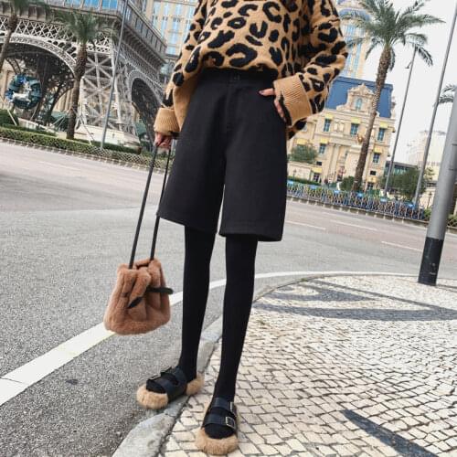 Fashion knee length woolen women shorts autumn winter high waist pockets casual shorts all-match ladies slim short feminino