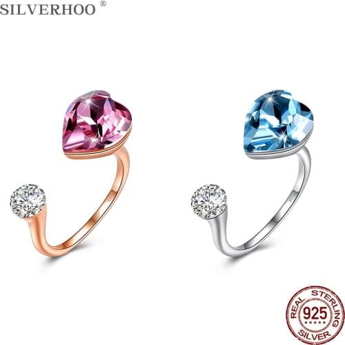 SILVERHOO 925 Sterling Silver Rings For Women Romantic Heart-Shaped Austria Crystal Cubic Zirconia Anniversary Ring Fine Jewelry