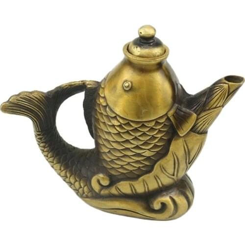 Pure brass handicrafts household decoration old copper jug fish shaped wine pot