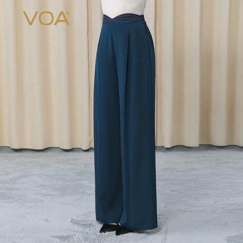 VOA Navy Blue Elastic Heavy Crepe Silk Trousers KE353 Bright Line Decorative Elastic Waist Temperament Long Wide-leg Pants Women