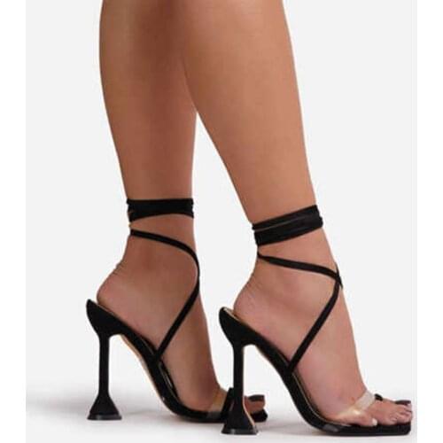 2021 Black Snake Print Stiletto High Heel Faux Leather Fish Mouth Cross Strap Womens Shoes Rubber Fashion Sandals