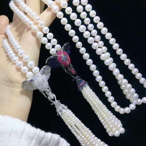 Womens jewelry 8-9mm 75 15cm micro inlaid zircon elephant accessories white freshwater pearl tassels necklace