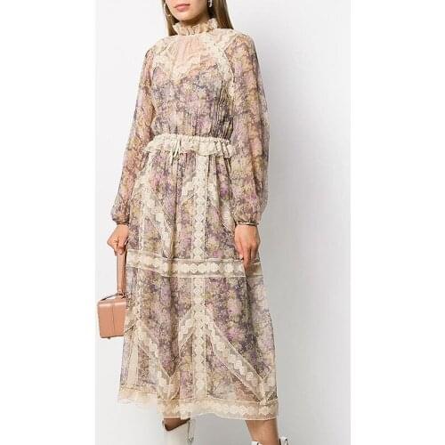 New women dress Print Patchwork Lace elegant dress for women ruffle collar empire puff long sleeve Autumn winter fashion dresses