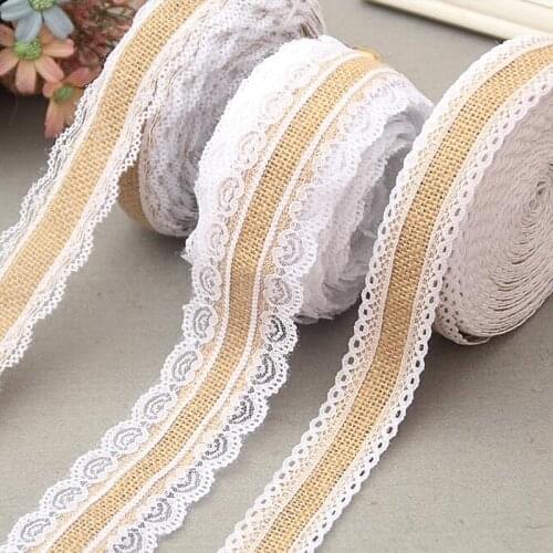 2M/Roll Natural Jute Burlap Hessian Ribbon with Different White Lace For Rustic Wrap Party Gift Packing DIY Craft Wedding Decora