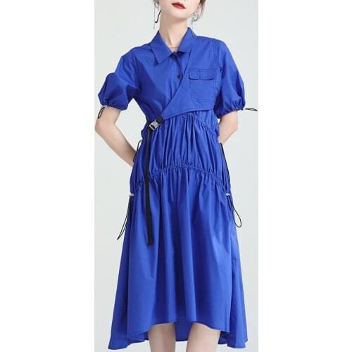 2021 Yamamoto Blue Bubble Sleeve Dress Irregular Vesture Two-piece Dress Tilted Waist