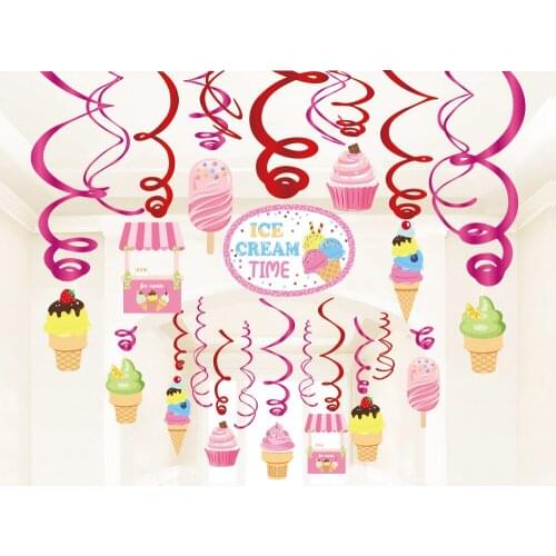 30pcs Baby Shower Summer Ice Cream Party Dcorations Sweet Cone Hanging Swirl PVC Sprils Giirls Happy Birthday Party Favors