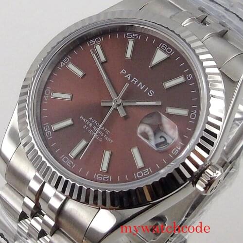 39.5mm Parnis MIYOTA 8215 Mechanical Automatic Mens Watch Sapphire Glass Date Jubilee Strap Green Luminous Marks