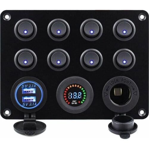 8 Gang Boat Switch Panel Car Switch Waterproof Digital 12-24V Dual USB Voltmeter Port Outlet Combination Marine LED Rocker