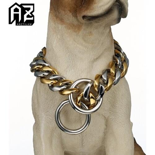 AZ 19MM 316L Stainless Steel Pet Dog Cuban Chain Necklace Strong Metal Links Chain Training Collar Link For Big Dogs