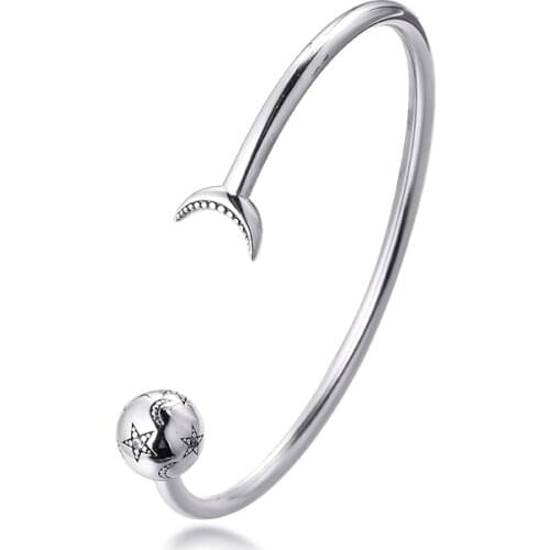 CKK Cuff Bracelet 925 Sterling Silver Jewelry Open Bangle Moon & Stars Limited Edition Fit Charm Beads DIY for Women Gift B112