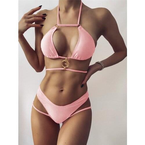 Women 2pcs Bandage Bikini Suits Metal Ring Halter Tops Hollow Swimwear Straps Low Waist Thong Female Sexy Swimsuit Costume