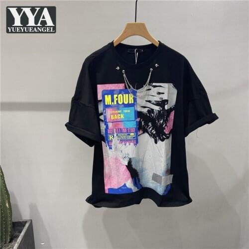 Hip Hop Gothic Chain Printed T Shirt Men O Neck Pullover Tees Tops Men Summer High Street Loose Fit Short Sleeve Casual T Shirts