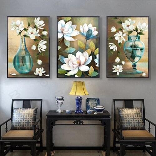 Modern Style Canvas Painting Poster Print Vintage Green Vase Abstract Art White Flowers for Home Rooms Gallery Wall Decoration