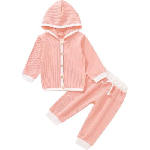 Two Piece Striped Outfits Newborn Baby Girl Boy Winter Clothes Autumn Long Sleeve Button Hooded Top Bow Pants Set Outfits 2021