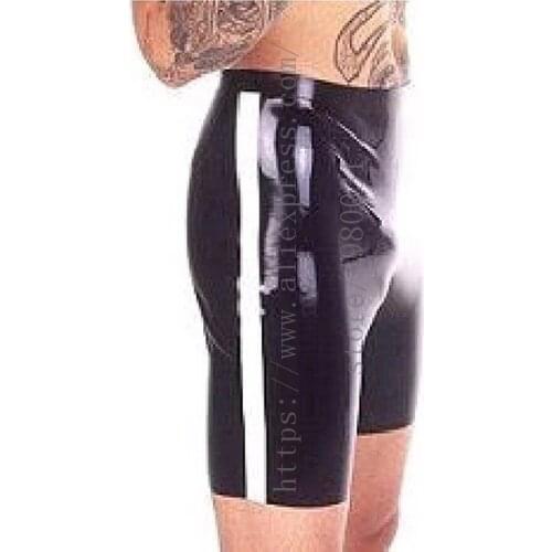 Cool mens latex panties black tight latex shorts with white stripes decorations