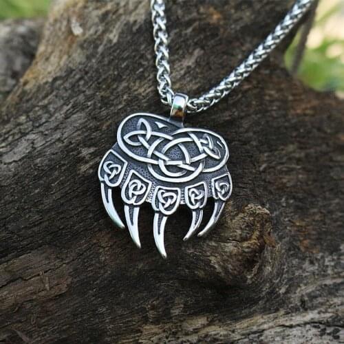 Lanseis 10pcs men stainless steel viking bear paw pendant men necklace celt bear paw