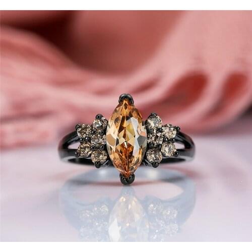 Cute Female Small Champagne Stone Ring Vintage Black Gold Wedding Rings For Women Promise Love Engagement Ring