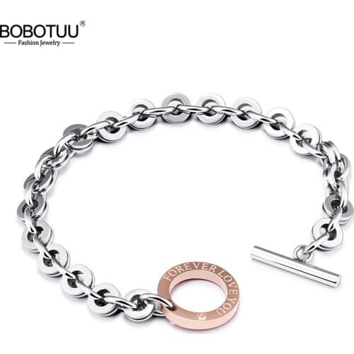 BOBOTUU Trendy Rose Gold Charm Bracelet For Women Inlaid Zircon Forever Love You Chain & Link Bracelets Toggle Clasp BB17068