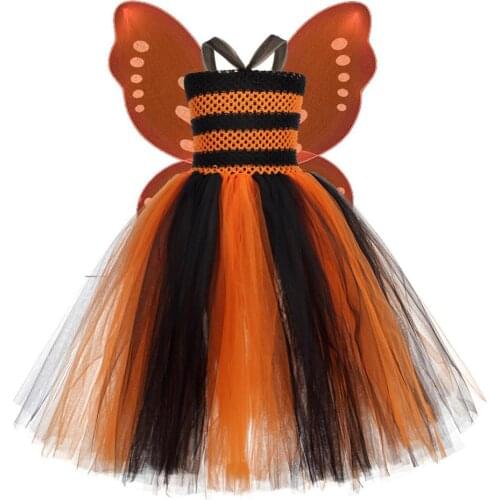 Toddler Girls Halloween Outfit Orange Black Tulle Stripe Halloween Carnival Pumpkin Dress for Kids Sleeveless Fairy Dress + Wing