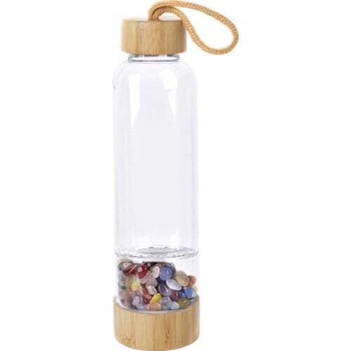 Natural Crystal Quartz Gravel Gemstone Healing Glass Energy Elixir Drink Water Bottle Bamboo Glass Cup Gift Cute Water Bottle