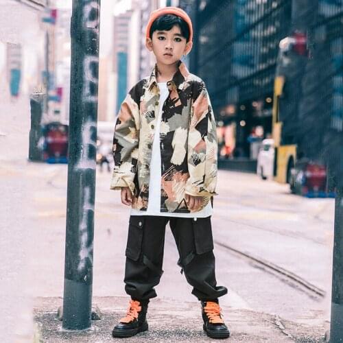 New Boys Hip Hop Clothes Kids Loose Dance Suit Camouflage Shirt Children Street Clothing Autumn Clothing Black Hip Hop Pants L29