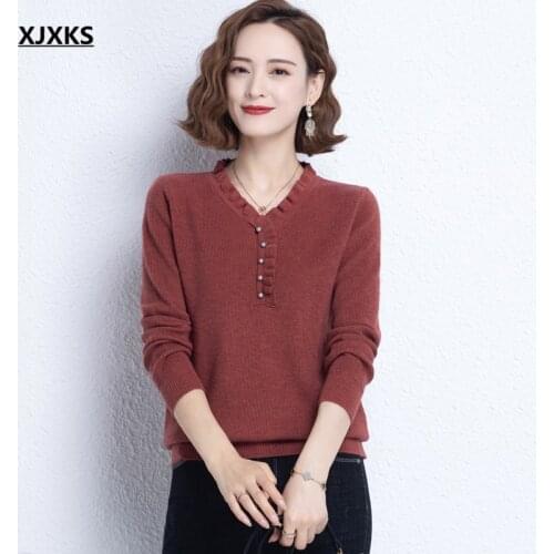 XJXKS 2021 autumn winter new fashion V-neck long-sleeved sweater women pullover high-end comfortable women wool sweater
