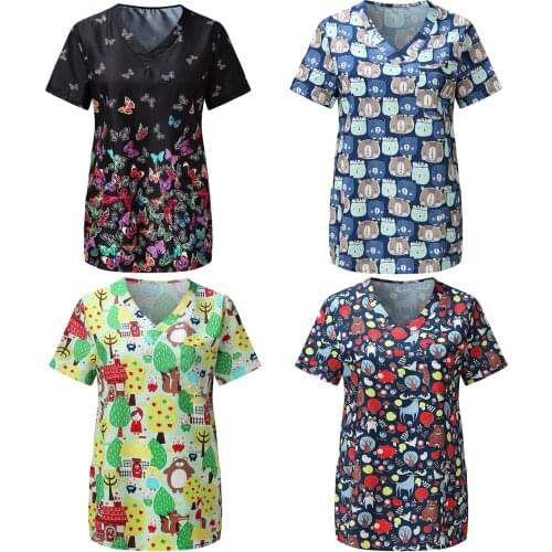 New Nurse Tops Women Short Sleeve V-neck Tops Working Uniform Cartoon Print Blouse Ladies T-shirts uniforme enfermera mujer 2021