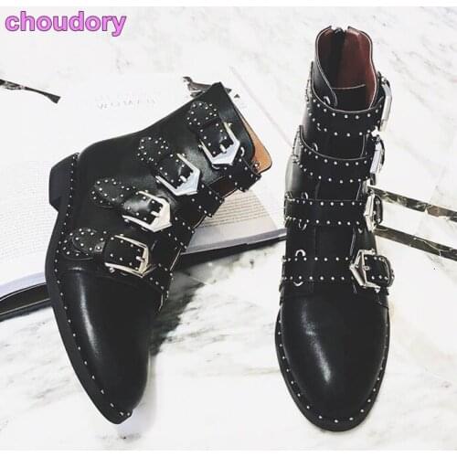 Autumn Winter Black Low Heel Motorcycle Boots Silver Studded Metal Buckle Riding Boots Retro British Short Boots Female Boots