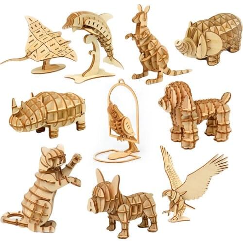 DIY Assemby Puzzles Wooden 3D Elephant Eagle Animal Model Educational Kids Montessori Board Games Antistress Toys for Children