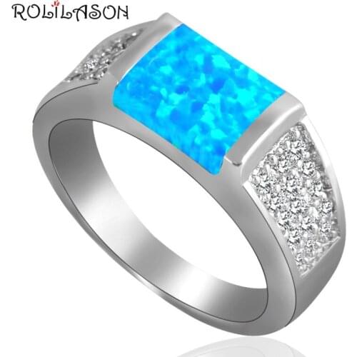 ROLILASON vintage style Rectangle cut Blue fire Opal white zircon Silver Rings fashion jewelry USA size #6#7#7.5#8.5#9 OR665