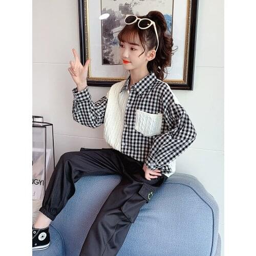 Spring And Autumn Girls Fashion Plaid Patchwork Shirt Girl Lapel Button Cardigan Clothes Girl Casual Cotton Top 5 7 9 12 Years