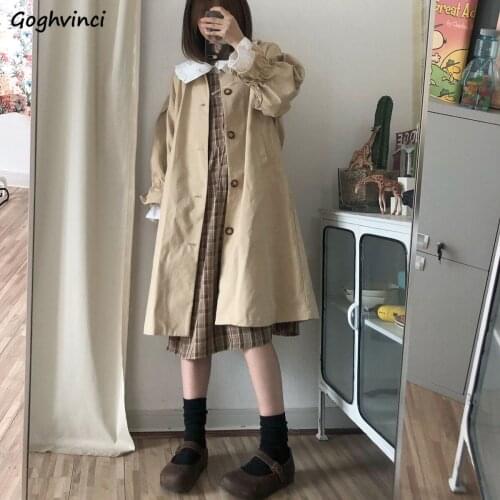 Trench Women Single Breasted Turn-down Collar Long Coat Casual Solid Womens Jacket Windbreaker Harajuku Fashion Drawstring Retro